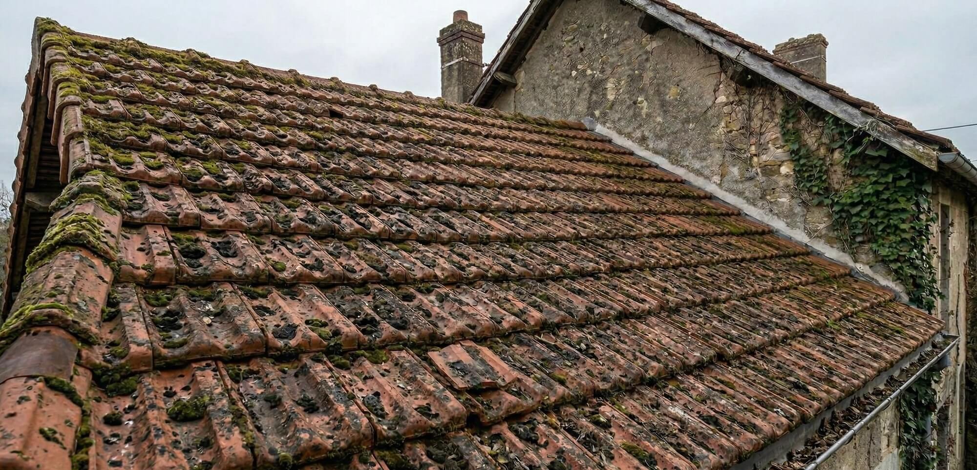 Toiture en tuiles AVANT nettoyage vapeur basse pression par Vapuris à Nancy